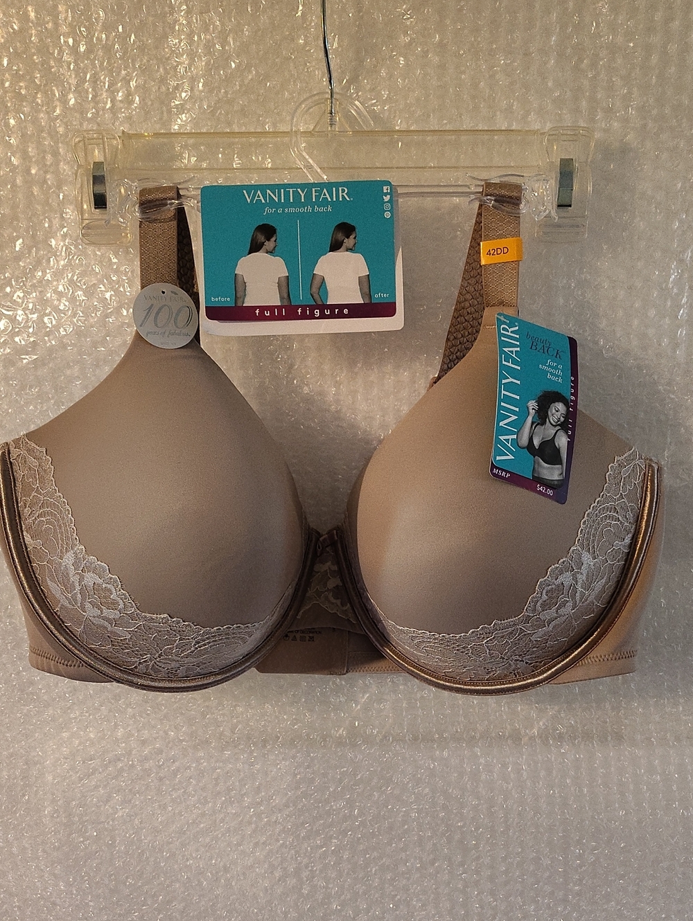 Vanity Fair Lace-Trim Full Figure T-Shirt Bra in Beige